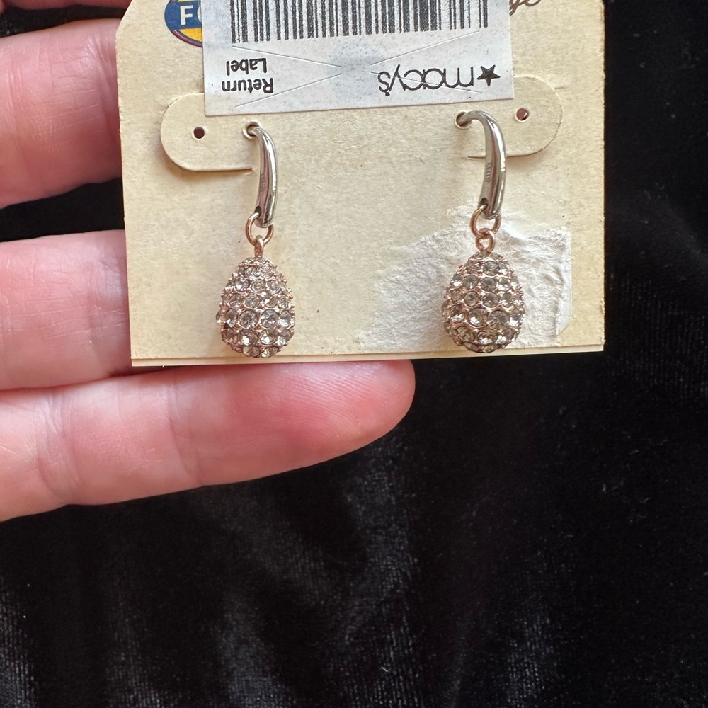 NWT Fossil Long Live Vintage Crystal Teardrop Earrings Stainless Steel Rose Gold - Picture 9 of 14